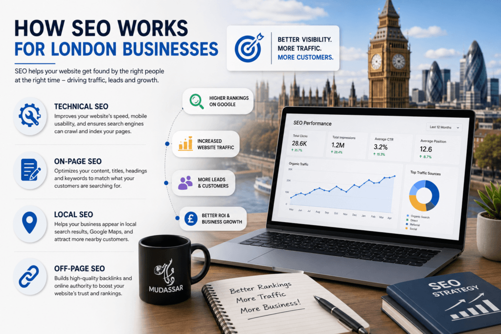 Illustration explaining how technical SEO, on-page SEO, local SEO, and off-page SEO help London businesses improve Google rankings and attract more customers.