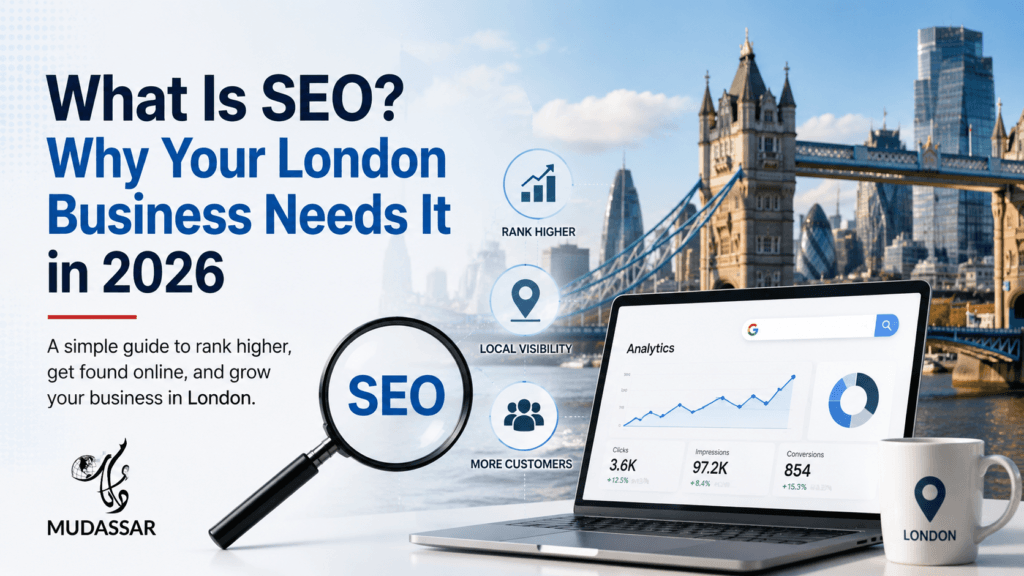 What is SEO? Featured image showing London skyline, SEO analytics dashboard, and search engine optimization strategy for London businesses in 2026.
