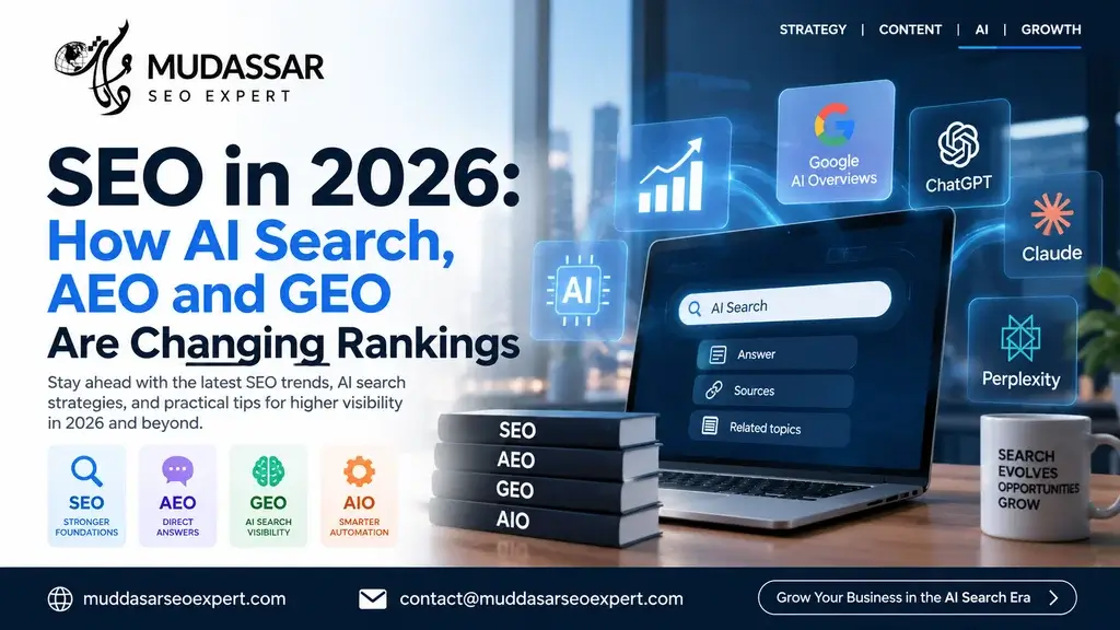 image explaining SEO in 2026, AI search, AEO, GEO and AIO