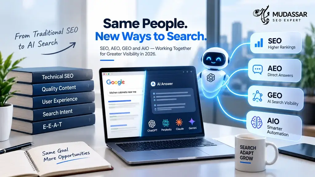 Muddasar SEO Expert showing the shift from traditional SEO to AI search, AEO, GEO and AIO