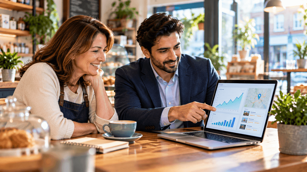 UK small business owner reviewing an SEO growth report with a freelance SEO consultant