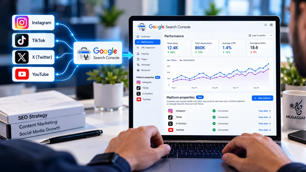Google Search Console social media integration dashboard showing Instagram, TikTok, X, and YouTube performance data