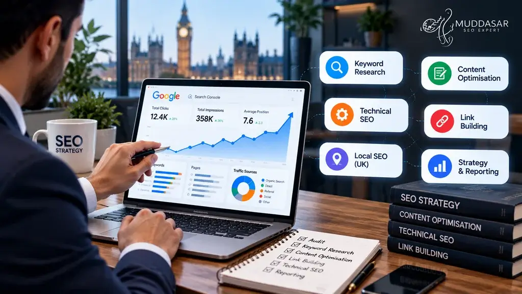 SEO consultant analysing website performance and keyword rankings