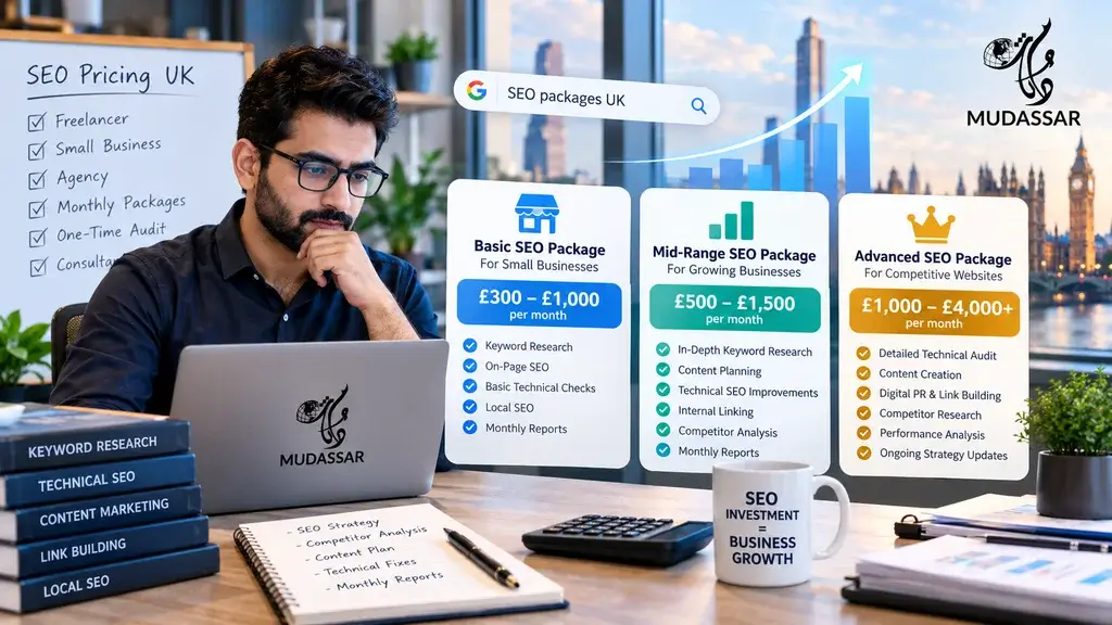 Muddasar SEO Expert comparing basic, mid-range and advanced SEO package prices in the UK for 2026.